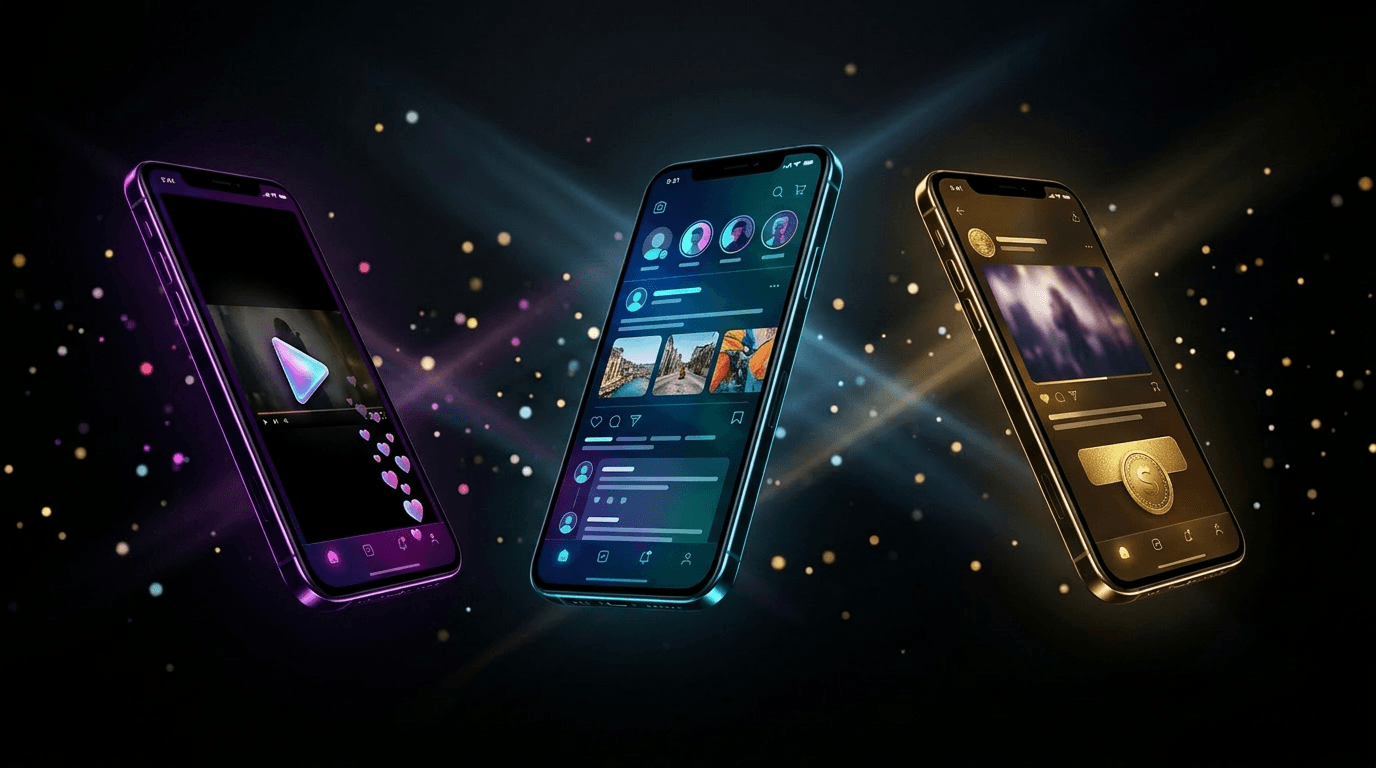 Premium smartphones showcasing entertainment and creator app interfaces